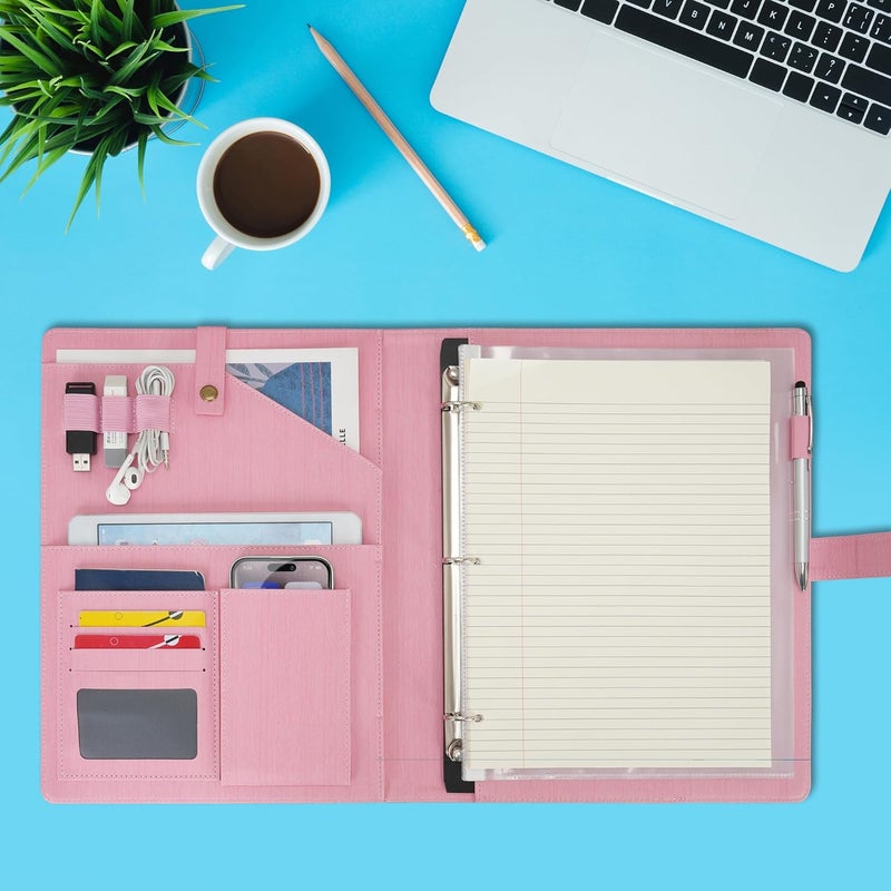 WONDERPOOL A4 PU Leather Portfolio Holder Ring File Document Case with Removable Binder Clipboard, Multi Pocket and Legal Pad for Business Organizer Interview and Meeting (Pink) - Image 4